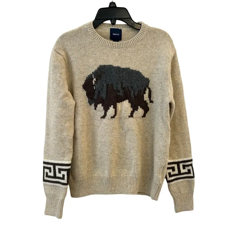 Gap Kids Buffalo Graphic Crewneck Sweater Oatmeal Knit Youth XL (12)